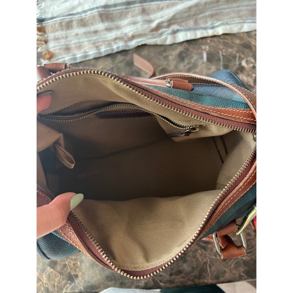 Polo Ralph Lauren Plaid Satchel Bag Leather Trim Crossbody Top Handle - Picture 9 of 10